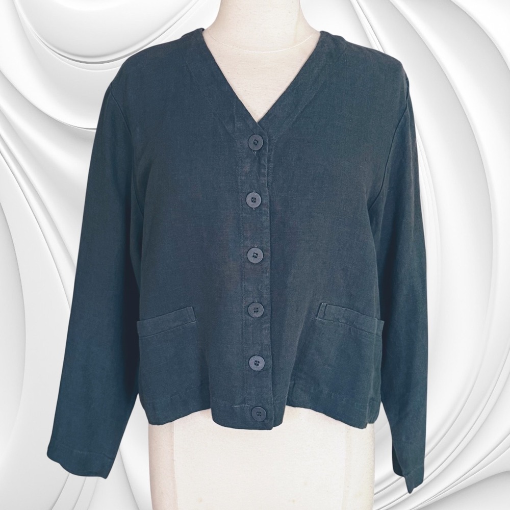 Eileen Fisher 100% Linen Boxy Jacket Sz M Oversize Dark Green 23.5" Bust Pockets